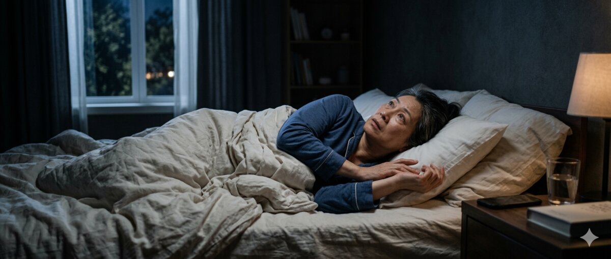 Woman lying awake in bed