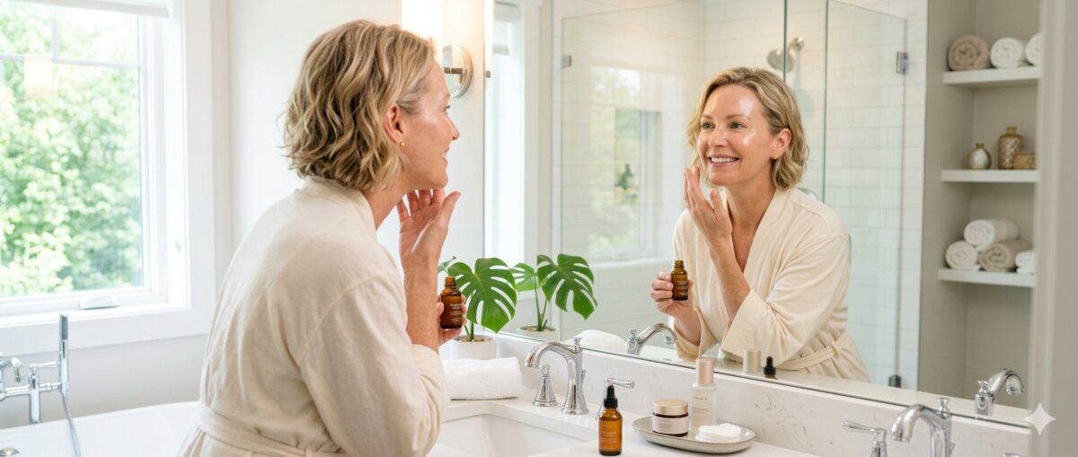 Mature woman applying skincare